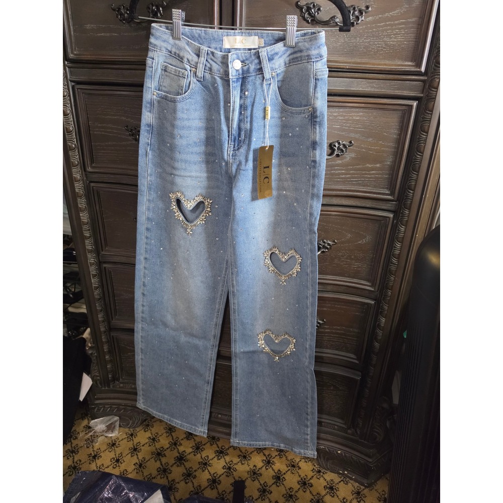 Lizette Collection Rhinestone Heart Cut Out Jeans Light Blue LC24211 XS NEW